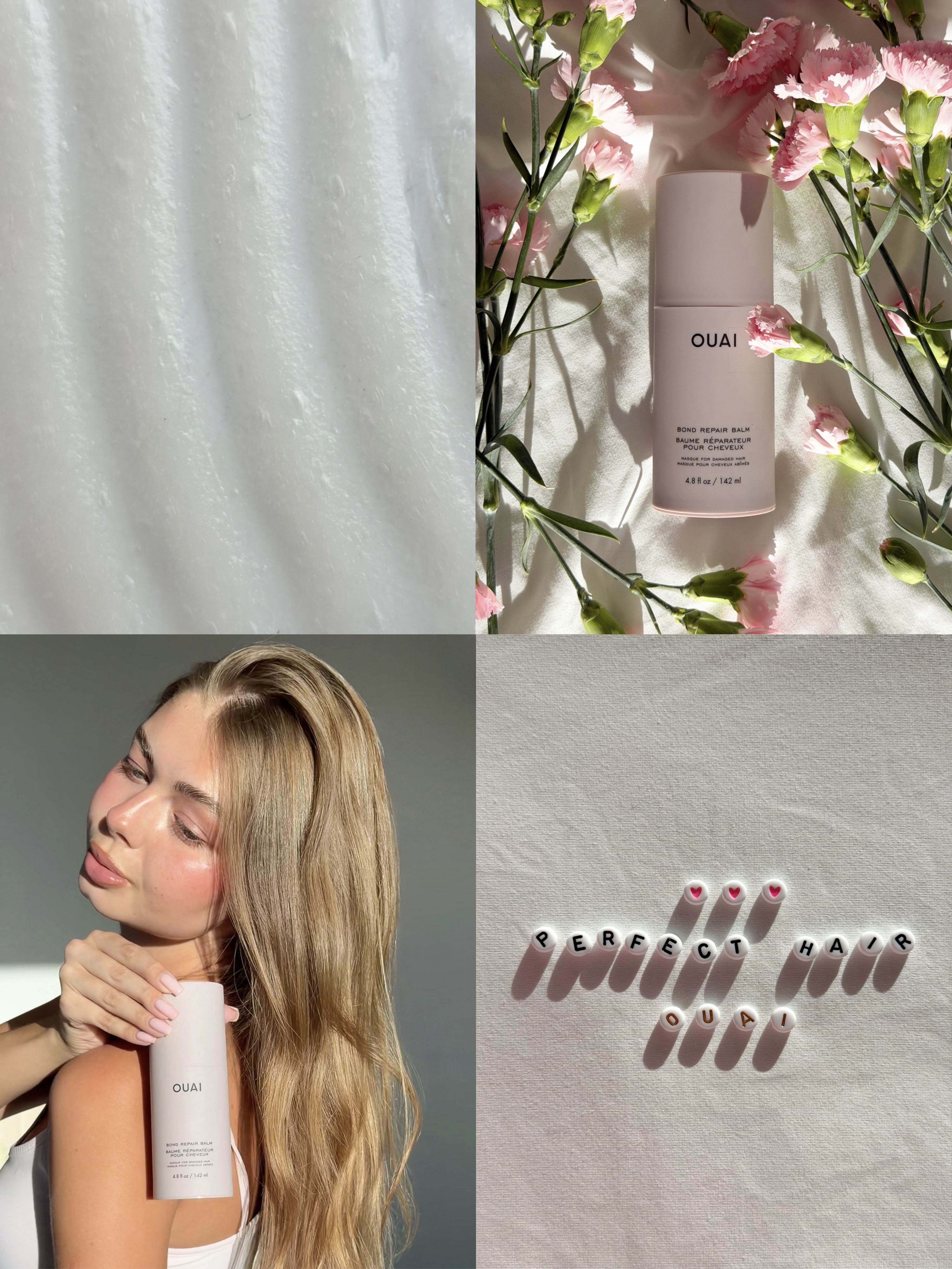 OUAI haircare collage with flowers and a beauty portrait